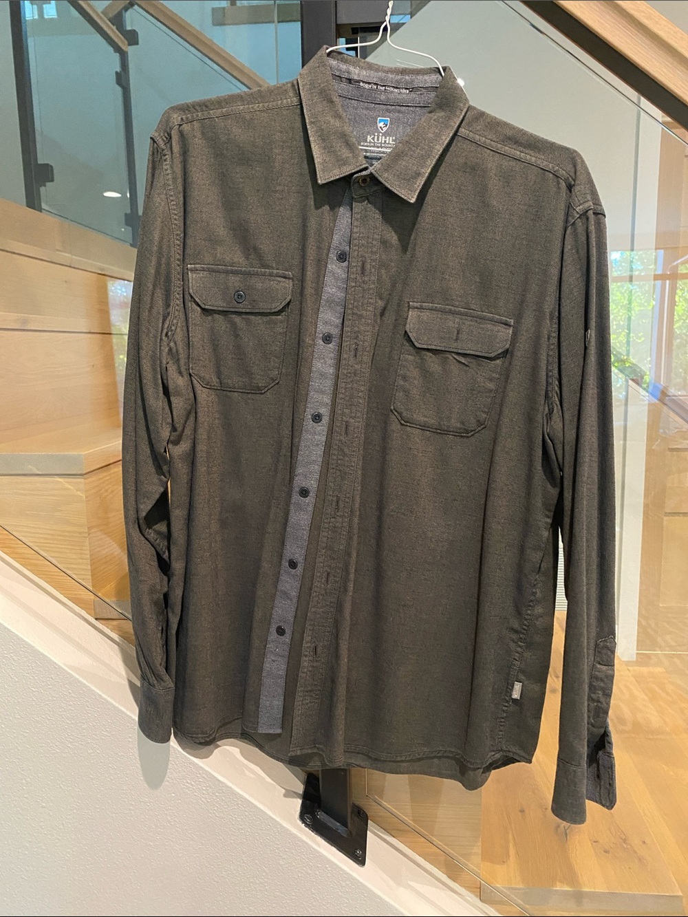 Kuhl Men's Casual Button-Down Shirt in Olive Green with Gray Trim